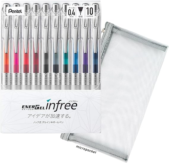 Gel Ink Ballpoint Pen 0.4mm, Needle Tip 10 colors set with Versatile Mesh Pencase Value Set