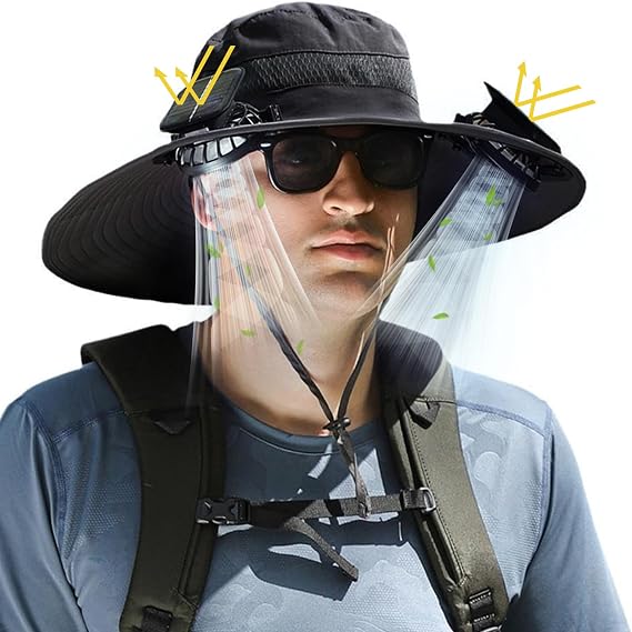 Hat with Fan,Solar Fan Hat,Wide Brim Sun Hat with 2 Solar Fan,for Outdoor Fishing,Waterproof Outdoor Hiking Camping Fishing