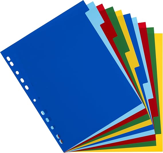 Oxford A4 Plastic 10-Part Dividers - Lightweight, Multi-Colored Tabs for Organized Filing, Tear-Resistant & Wipe-Clean, Multi-Punched for Binders