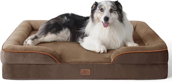 Bedsure XL Large Dog Bed Sofa - Washable Orthopedic Dog Couch, 106x80cm | Waterproof Inner Liner, Removable Flannel Cover, Dog Pillow with U-Shape Bolster, Brown Squre Pet Bed