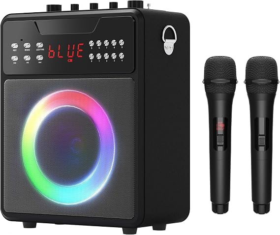 Karaoke Machine for Adults, Portable Bluetooth Speaker with 2 Wireless Microphones and Lights Show, Karaoke Speaker with Bass & Treble, Supports for TWS,USB,FM,REC,AUX in,TF Card for Party/Meeting