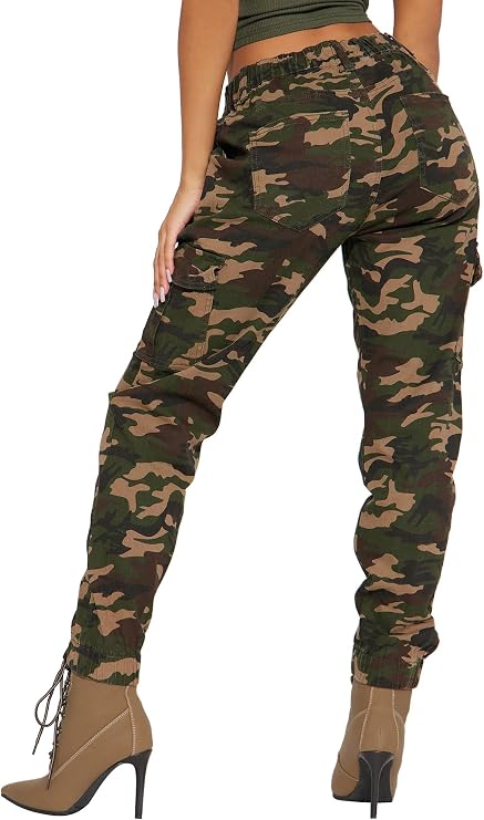 BWN Women's Camo Cargo Jogger Pants Slim Fit Army High Waisted Joggers Fatigue Elastic Waistband Tapered Camouflage Trouser