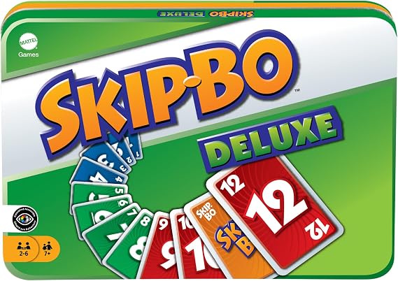 Mattel Games Skip-Bo Deluxe Card Game Tin, Ages 7+, Players 2-6 | Classic Sequencing Play for Kids, Teens & Family Game Night, with Scorepad and Pencil, L3671