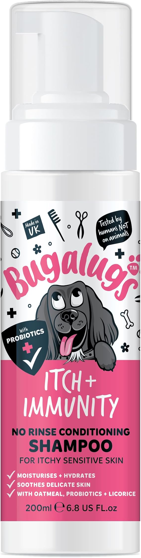 Bugalugs Itch & Immunity Dog No Rinse Shampoo Sensitive Skin - Professional Pet Grooming for Smelly Puppies and dogs with Probiotics (No Rinse Shampoo 200ml)