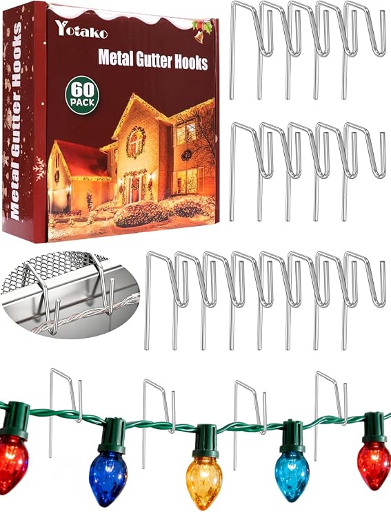 Yotako 60 Metal Gutter Hooks for Outdoor Christmas Lights | Weatherproof Christmas Light Clips Gutter Clips Holiday Light Clips Gutter Guard Light Clips for Christmas