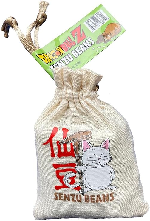 Boston America Dragonball Z Senzu Beans Candy 1 Collectible Korin Drawstring Bag Sour Green Apple Flavored Candy Green, Brown 2 Ounce (Pack of 1)