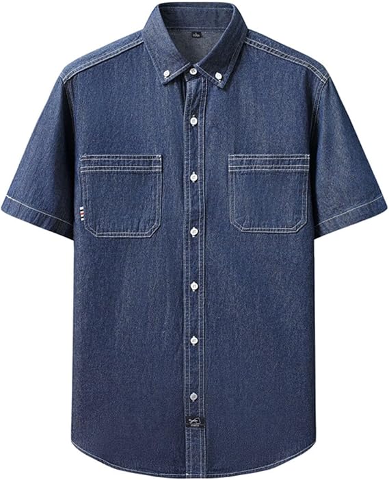 Mens Button Down Denim Shirts with 2 Pockets Collared Neck Solid