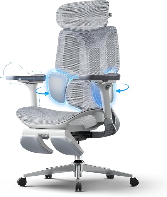 Hbada E3 Pro Silla de Oficina Ergonomica - Soporte Lumbar Dinámico de 3 Zonas, Reposacabezas 4D y Brazos 6D, Silla Ergonomica Escritorio con Reposapiés (Blanco)