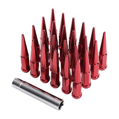 JDMSPEED New Wheel Spike Lug Nuts 24pcs with 1 Socket Key Red 14x1.5 4.5 Tall 6 Lug 14mmx1.5 Replacement for GMC Chevy Ford Vehicles