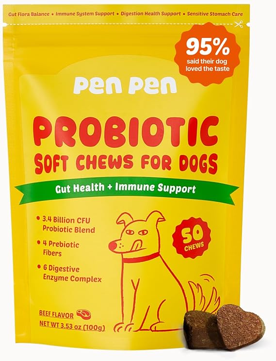 PENPEN Probiotics for Dogs, Dogs Probiotics for Digestive Health, Multi-Probiotic and Enzyme Blend Promote Gut Health & Immune Support, Eases Sensitive Stomachs (Beef Chews, 50ct)