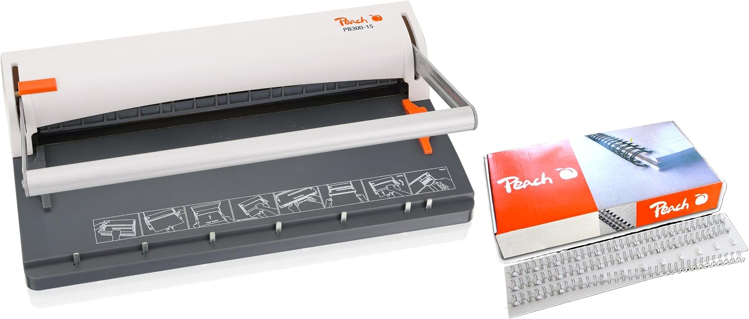 Peach Wire Binding Machine - Binds 60 A4 Pages - Includes 100 Wire Binding Combs - 6 Sheets Punching Capacity - PB300-15P1