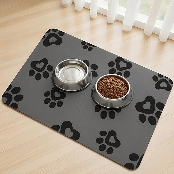 Dog Food Mat Water Absorbent Cat Dog Mat for Food and Water Bowl, Non Slip Pet Feeding Mat No Stains Dog Feeding mat, Quick Dry (Dark Grey-Heart Paws, 40 x 60 cm)