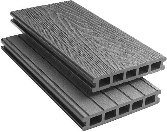 Tuda Grass Direct | 4.8m Composite WPC Decking Boards - Deep Embossed Woodgrain Plastic Boards | 8 Colours Available | All Fixings & Edgings Included | (5 sqm | 7 Boards, Grey)