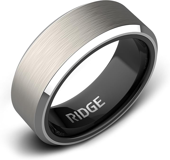 Ridge 8mm Beveled Tungsten Rings For Men - Dual Band Metal Wedding Ring & Silicone Ring, Scratch-Resistant PVD Coating, Convex No-Pinch Fit, Includes Extra Silicone Band (Platinum, 8)