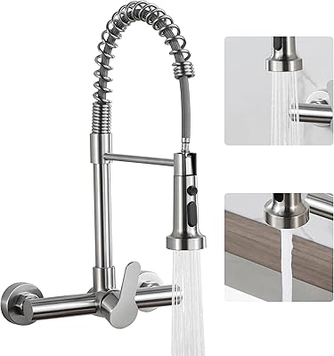 LIWEIKE Wall Kitchen Faucet 8 Inch Center Brushed Nickel Wall Mount Kitchen Faucet with Sprayer Single Handle Wall Mounted Facuet Kitchen