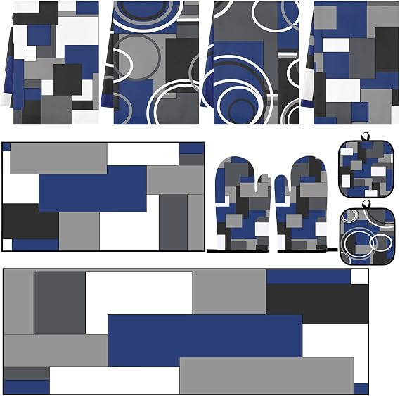 10 Pcs Navy Blue Kitchen Decor and Accessories Set, 4 Dish Towels Kitchen Rugs 2 Oven Mitts 2 Pot Holders, Home Decor for Cooking Baking BBQ Gifts Women Mom Housewarming