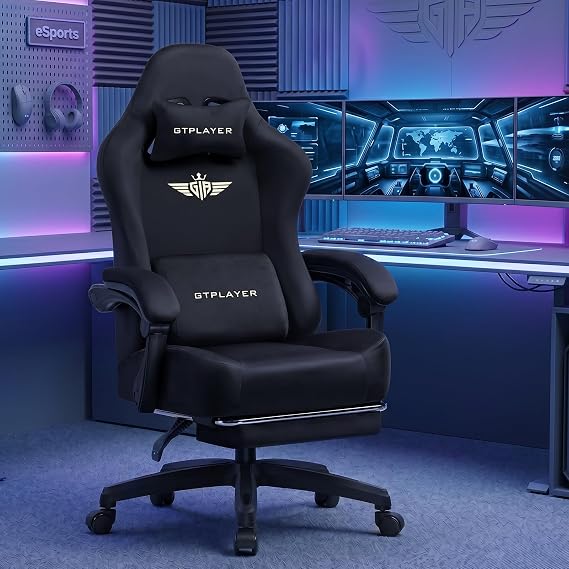 GTPLAYER Big and Tall Gaming Chair 400lbs Heavy Duty Office Chair with Foot Rest, High Back Pocket Spring Ergonomic Computer Chair for Adults, Wide Comfy Seated Cushion with Linkage Armrests, Black