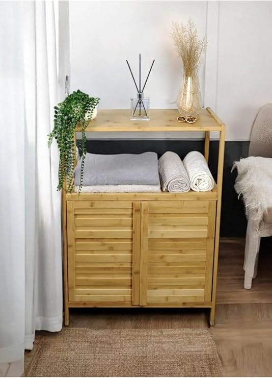Bambu Çift Kapaklı 2 Raflı Çok Amaçlı Düzenleyici Organizer Banyo Dolabı, 60 x 80 cm