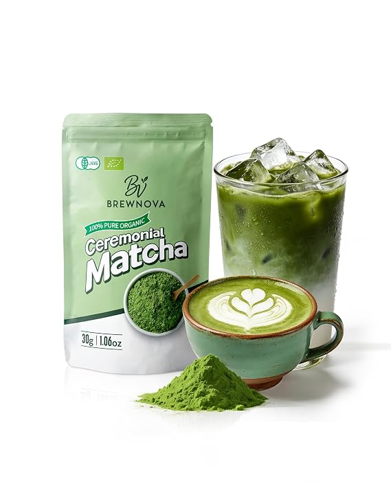 Brewnova Ceremonial Grade Matcha Powder - Premium Organic Shade-Grown Stone-Milled First Harvest Unsweetened Gluten-Free Vegan Green Tea for Matcha Latte, Teas & Recipes, 1.06oz Double-Seal Pack (30g)
