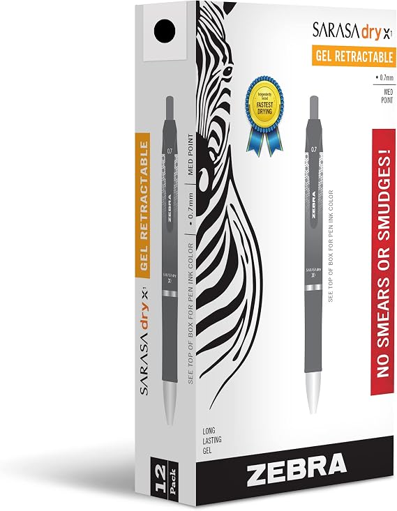 Zebra Pen SARASA X1 Retractable Gel Pen, Black Ink, 0.7mm, 12-Pack