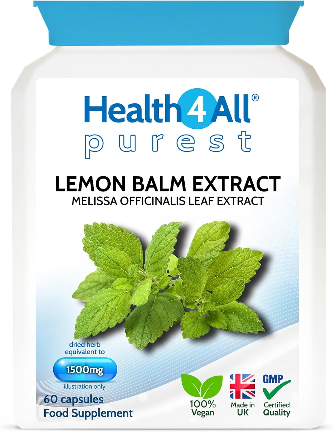 Health4All Lemon Balm Extract 1500mg per Capsule, 60 Capsules 2 Months Supply, High Strength Vegan Melissa for Anxiety, Sleep Support Supplement, Purest: no additives | Made in UK