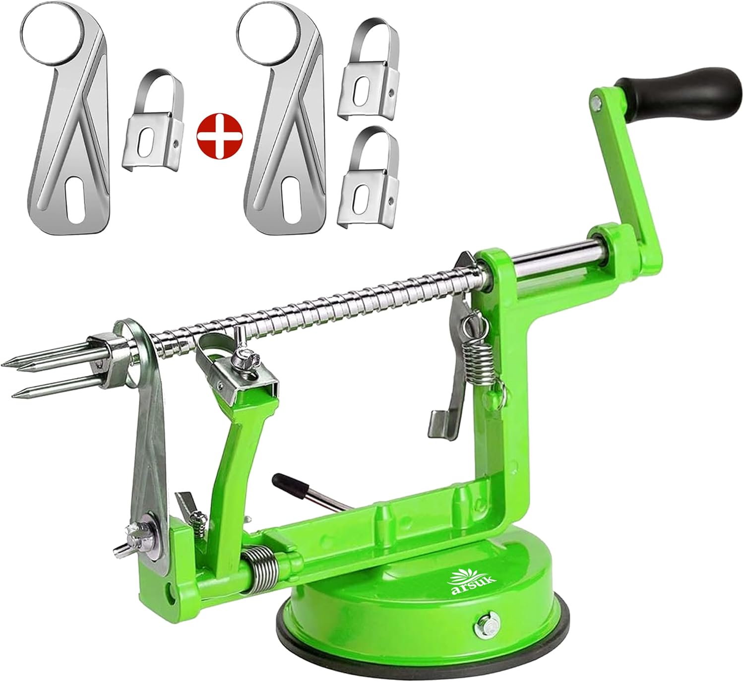 ARSUK Apple Peeler 3 Replacement Blades Slicer Corer 3 in 1 Fruit Peeler Machine for Potatoes Stainless Steel Adjustable Blade for Easy Kitchen Use with Anti Slip Powerful Suction Base Green