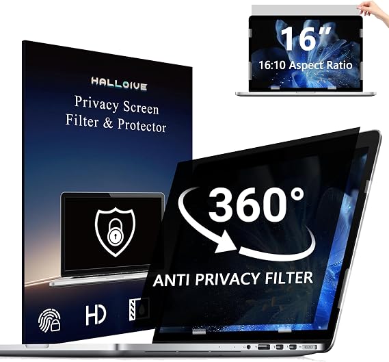 4-Way Laptop Privacy Screen Shield 16 Inch 16:10 Aspect, Removable 360 Privacy Filter Screen Protector for 16 Inch Laptop Computer, Anti Glare Blue Light Slide Mount Tabs Cover