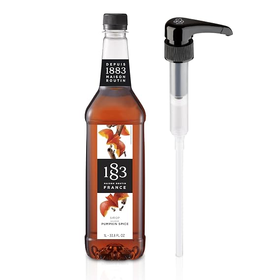 1883 Pumpkin Spice Syrup 1L Plastic Bottle with Pump, Premium Coffee & Cocktail Flavoring, Fall Pumpkin Spice Syrup for Lattes, Desserts, Baking, Non-GMO, Made in France