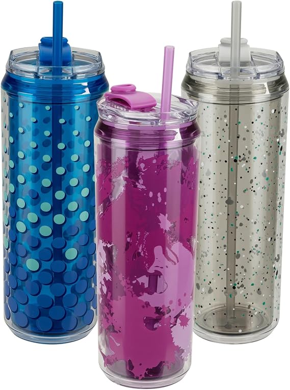 COOL GEAR 3-Pack Modern Tumbler with Reusable Straw | Dishwasher Safe, Cup Holder Friendly, Spillproof, Double-Wall Insulated Travel Tumbler | Printed Variety Pack