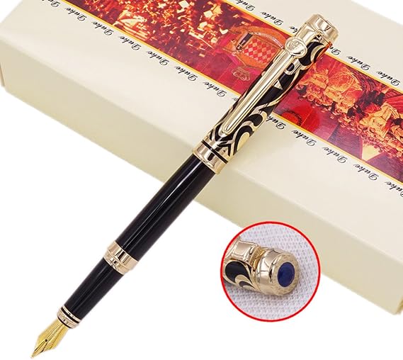 erofa Duke Sapphire Fountain Pen Gold Trim with Ink Refill Converter in Luxury Gift Box Set For Business Signature and Collection