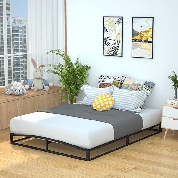 Amazon Basics Metal Platform Bed Frame with Wooden Slats, Steel Support, 6 Inches High, Storage Space, Queen, Black