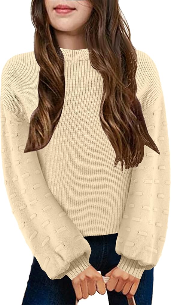 Arshiner Girls Crewneck Sweaters Chunky Lantern Sleeve Knit Jumper Tops Casual Drop Shoulder Pullover Outwear for 5-13 Years