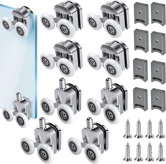 8Pcs Shower Door Rollers, 23mm Shower Door Wheels for Curved Doors Glass Doors, Twin Wheels Pulleys Bathroom Replacement Shower Door Roller with Anti-Collision Block and Screws