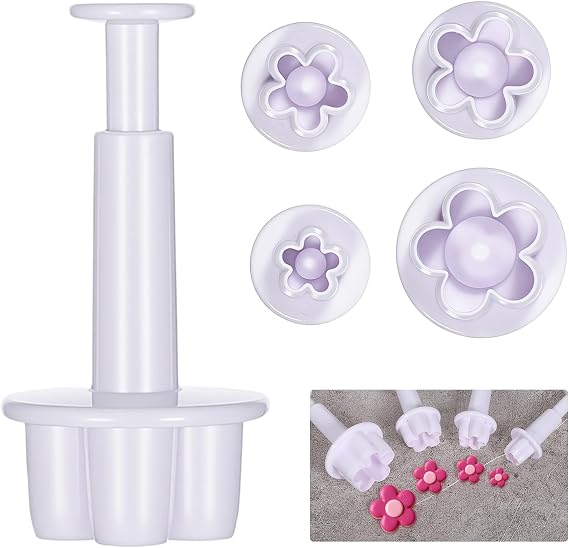 4Pcs White Flower Plunger Cookie Cutters, DIY Blossom Fondant Mold Blossom Cake Decorating Tools Flower Press Mold Plastic Baking Accessories for Cookies, Desserts, Chocolate and Candy Sculpting