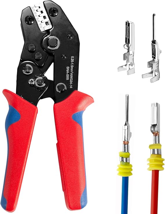 Wire Crimping Tool with Ratchet Amliber Ratchet Wire Crimper Tool for Open Cylinder Terminal Connectors Electric Crimping Tool for Molex Style German Delphi AMP Dupont TYCO Terminals 24-14 AWG
