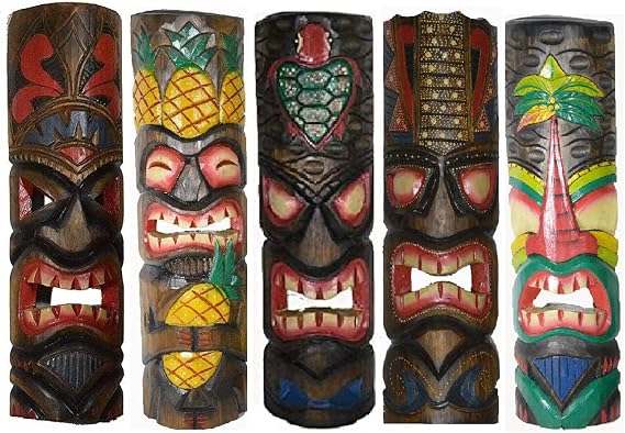 WorldBazzar 20 inch Large Set of 5 Polynesian Hawaiian Tiki Style Wall Masks, Green, Brown, White, Pink, Yellow, Red