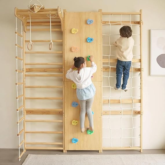 Avenlur Walnut 9-in-1 Swedish Ladder Wall Gym Kids, Indoor Climbing Wall | 2 Heights: 78.8" or 94.5" Montessori Indoor Playground & Jungle Gym, Rock Climbing Wall for Kids, Rope Ladder, Slide, Swing