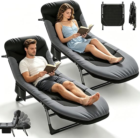 Foldable Sun Lounger, Garden Sun Loungers, 6-way Adjustable Camping Bed, Folding Sunbed with Pillow and Mattress, Fishing Bed Chair Perfect for Camping, Indoor/Outdoor (190 x 65 x 30 cm) (2, Black)