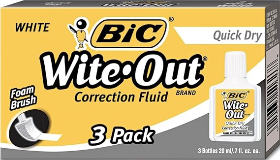 BIC Wite-Out Quick Dry Correction Fluid, 20 mL, White, Easy 3-Count Pack | Reduced Dry Time for Quick Corrections, Neat and Precise Application, Covers Photocopies, Faxes, And Ink, Goes on Easy