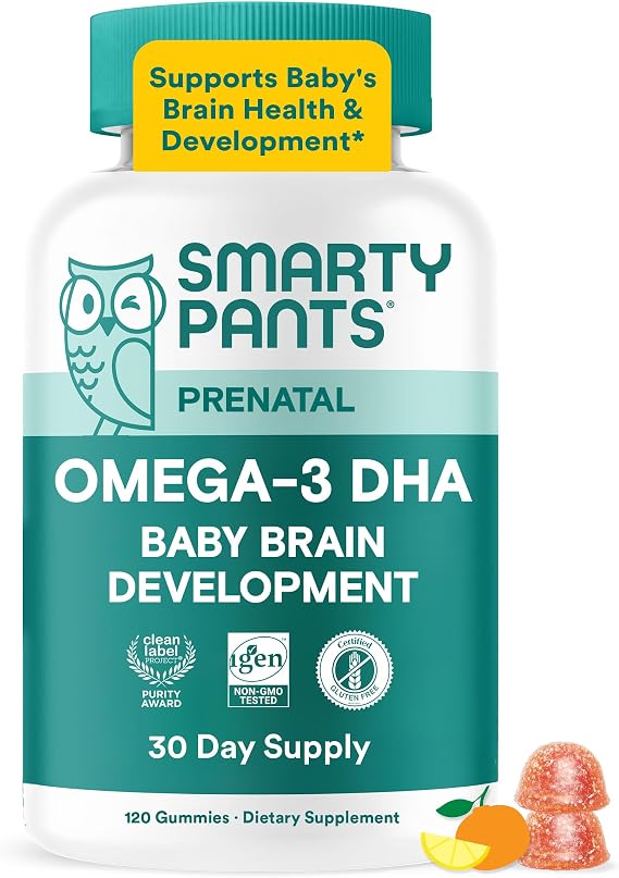 SmartyPants Prenatal Omega 3 DHA Gummies, Prenatal Vitamins for Women to Support Baby Brain Development with Algal Oil, Gluten Free, Clean Label, Orange Lemon Flavor, 120 Gummies (30 Day Supply)