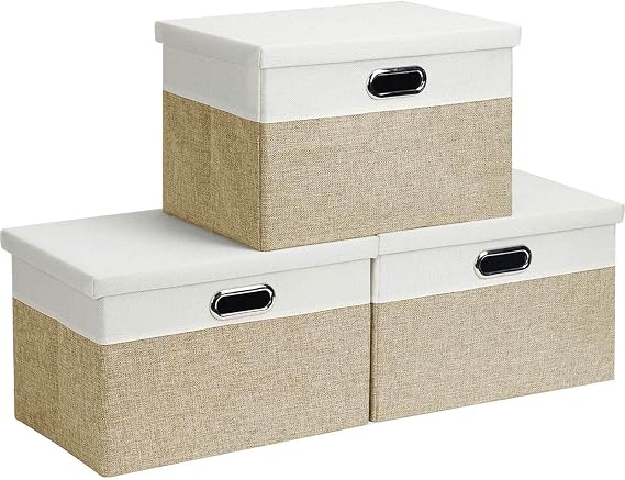 Storage Boxes with Lids, Storage Baskets for Shelves Foldable Fabric Storage Bins Organizer for Home and Office Light Brown and White Extra Large 44 x 31 x 29 cm 3 Pack