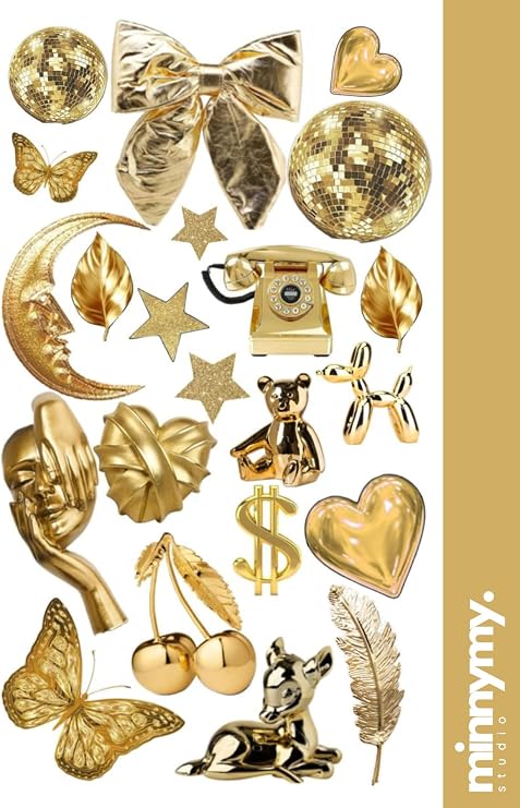 Gold Collection Sticker, Ajanda ve Günlük için Dekoratif Yapışkanlı Etiketler, 10x20 cm, Planlayıcı ve Bullet Journal Temalı, Kendinden Yapışkanlı