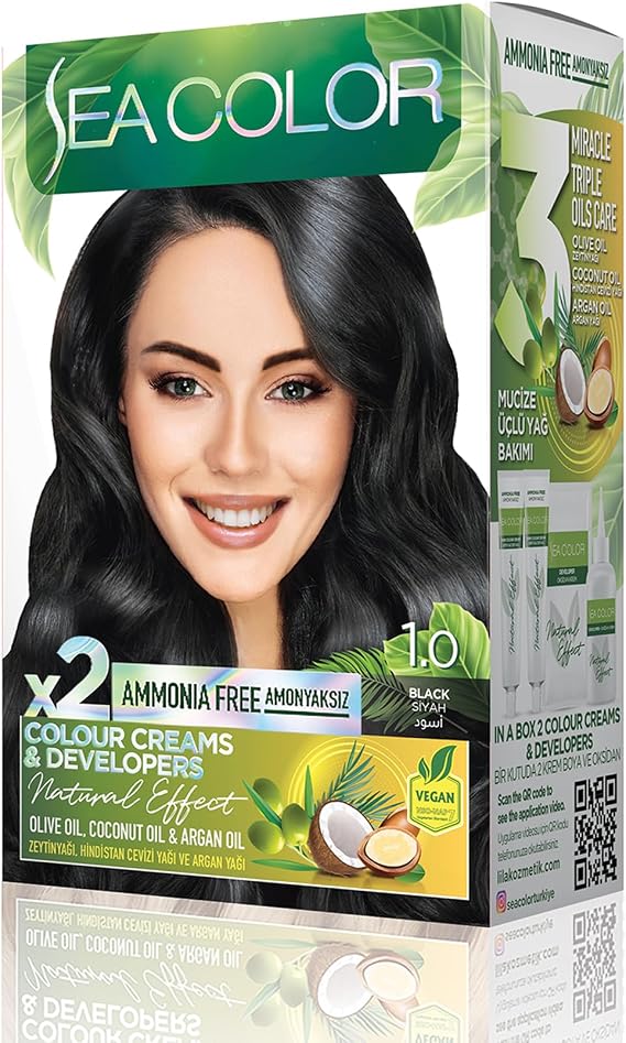 SEA COLOR Non-Ammonia, Vegan, Natural, Nourishing Permanent Hair Dye 100% White Closure (1 PACK 2 x 50 ml Dye & OXIDANT) (Black 1.0)