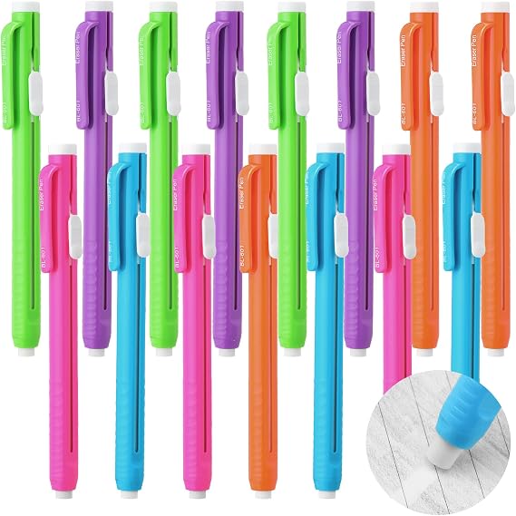 Teling 15 Pcs Retractable Mechanical Eraser Pen, School Pen-Style Erasers Pencil Click Bulk for School Office Painting Writing Drawing Drafting Sketching Adults Kids Supplies(Multicolor)