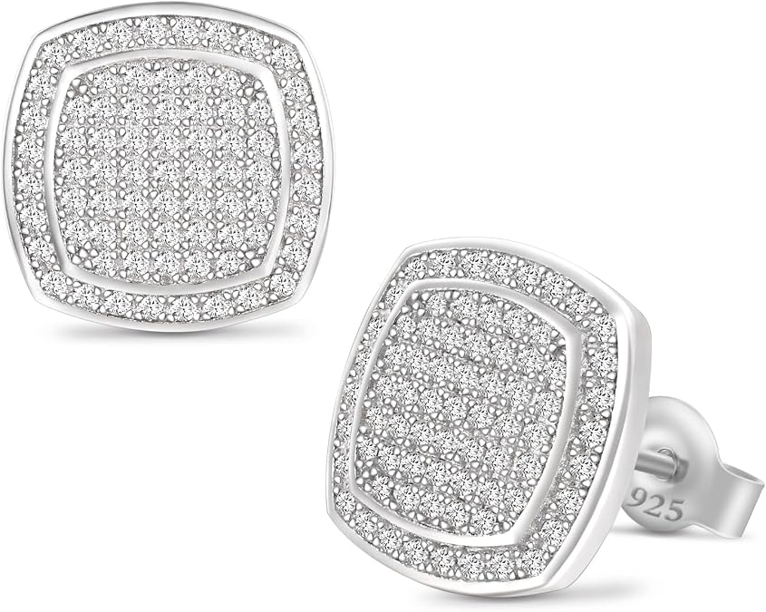 TRUMIUM Stud Earrings for Men Women Fake Diamond 5A Cubic Zirconia Studs Layered Silver Gold Earrings Iced Out Square Hypoallergenic