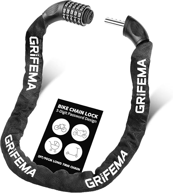 GRIFEMA Bicycle Lock with Numbers and High Security Level Chain Lock with Code Combination Hardened Steel Chain Links 7mm x 900mm Black