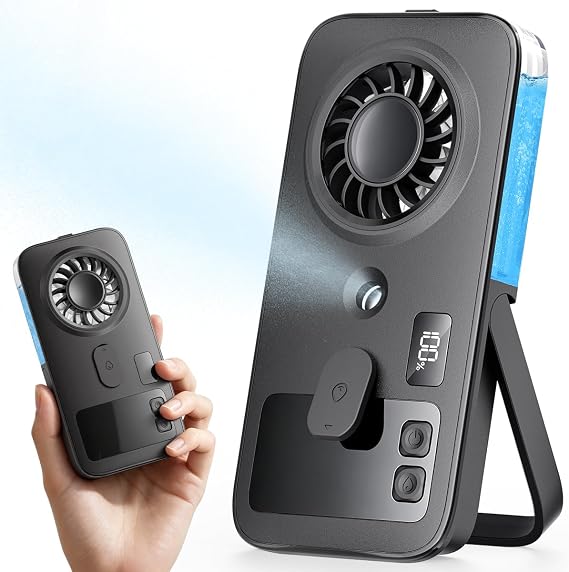 Otlonpe Mini Handheld Misting Fan Portable, Small Powerful Personal Cooling Mister Fan that Blow Cold Air, Slim Light Foldable, 4-Speed Rechargeable Portable Mist Fans, Water Spray, Hand Desk, Black