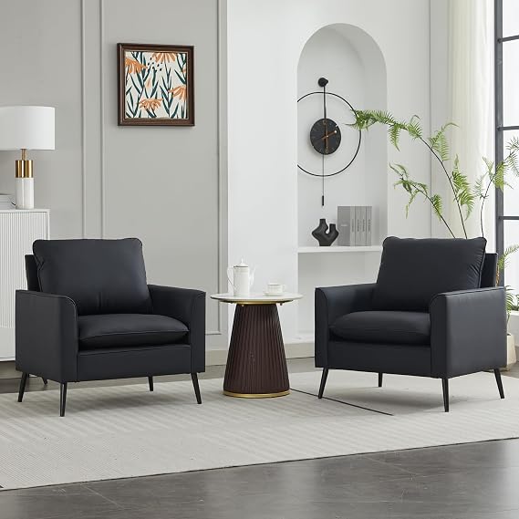YITAI Modern Accent Living Room Chairs,Faux Leather Oversized Single Sofa Chair with Metal Legs, Mid Century Comfy Armchair for Bedroom/Office Reading/Lounge/Office/Reception,2PC,Black