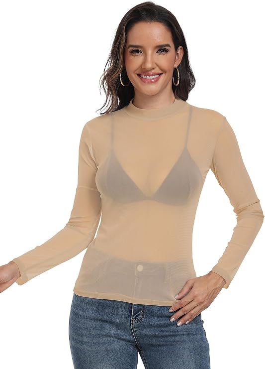 Women's Sheer Mesh Tops Long Sleeve Sexy See Through Shirt Mock Neck
