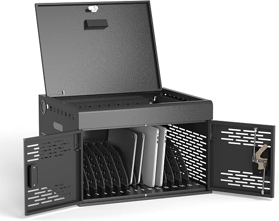 POCHAR 16-Unit Charging Cabinet for Laptops & Tablets Up to 15.6" Screens | Laptop Lock Box for iPads with Cable Management - Portable Locking Charging Station for Classroom, Office, Hospital, Black
